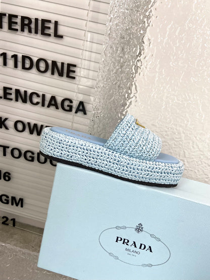 Spring and summer new style woven thick-soled triangle buckle strap slippers 0724032001