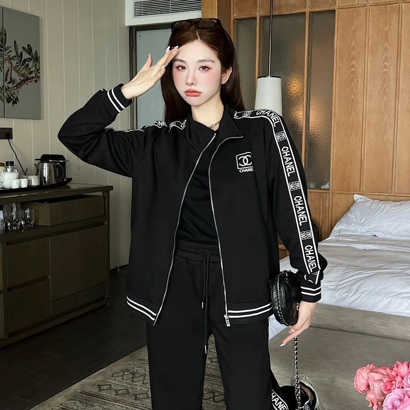 Black Leisure Comfortable Cotton C Logo Women's Sport SuitsPD05202413106