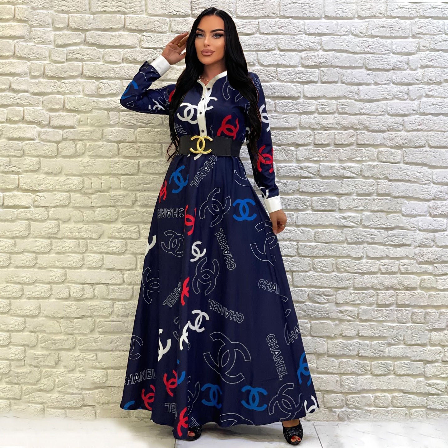 High-quality button-down shirt-style long skirt with stand-up collar and wide hem XC0823110603