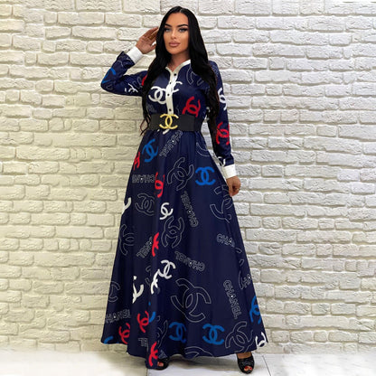 High-quality button-down shirt-style long skirt with stand-up collar and wide hem XC0823110603