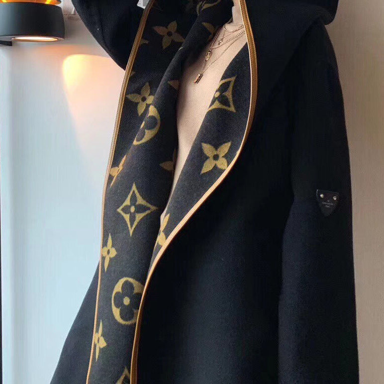 New autumn and winter woolen coat women's belt waist slimming hooded trench coat print coat women