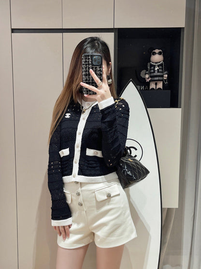 CNL contrast color crew neck knitted long sleeve cardigan 0724080605