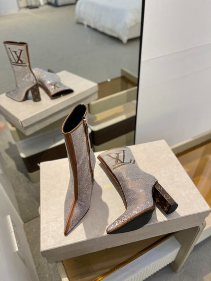 LV fashion rhinestone high-heeled mid-calf boots 0724102305