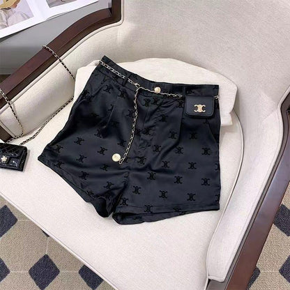 Fashion Joker Flocking Printed Ice Silk Black Shorts 1024042911