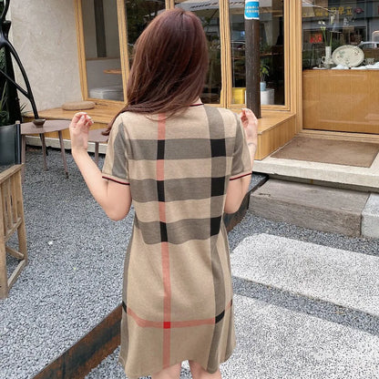 Fashion Plaid Lapel POLO Short Sleeve Midi Dresses 1025021413