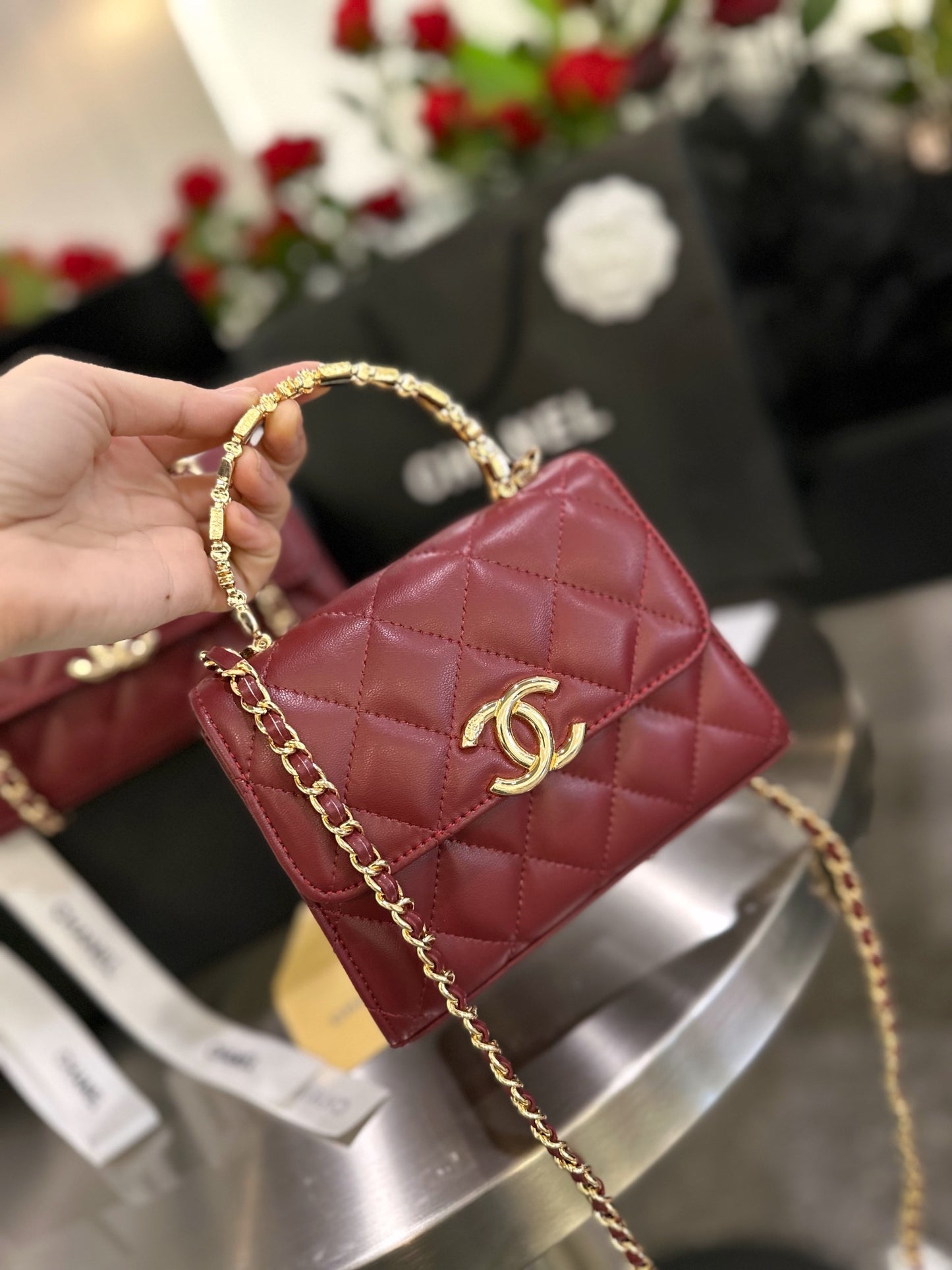 CNL Diamond check wine red chain bag 0724100102