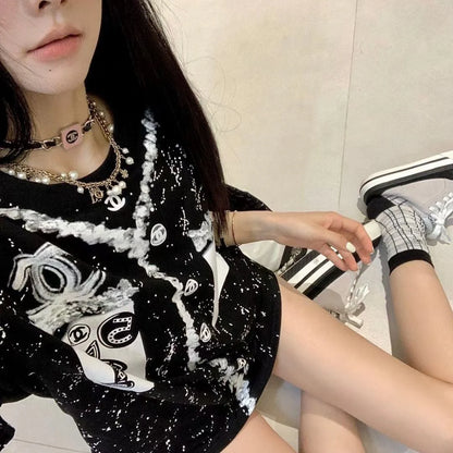 New Round Neck Color Long Letter Embroidery Short Sleeve 1024050912