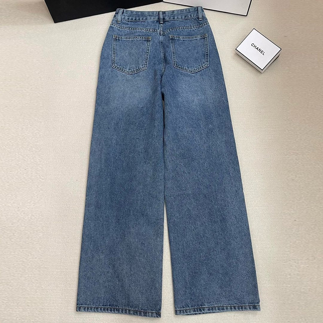 Fashion and versatile denim loose trousers with embroidered letters 1024021801