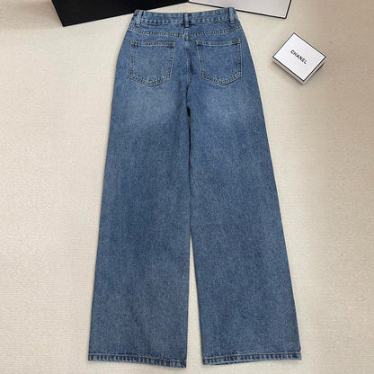 Fashion and versatile denim loose trousers with embroidered letters 1024021801