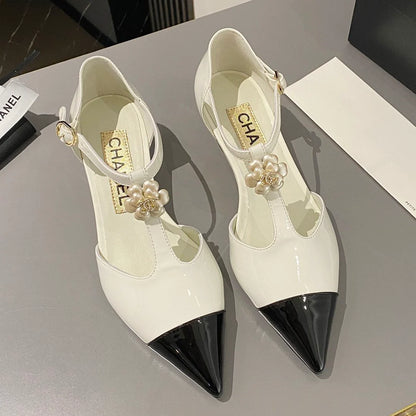 New fashionable patent leather pointed toe camellia wedge shoes 1024022204