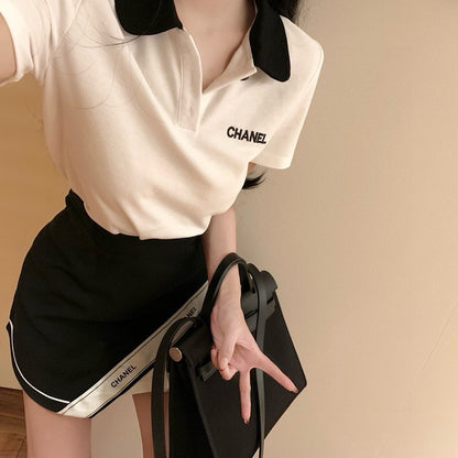 CNL suit letter embroidery contrasting color polo collar short-sleeved T-shirt 0724050903