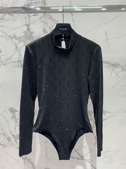 YSL New Slim-Fit Bodysuit with Logo Embellishments Crystals 0725022704