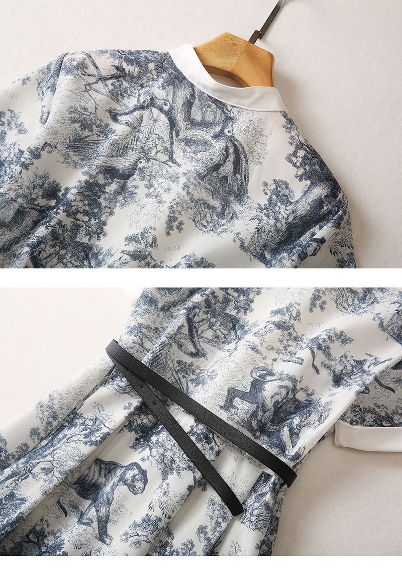 New Standing Collar Printed Large Swing Long Dress 1024030413