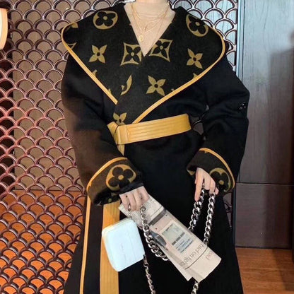 New autumn and winter woolen coat women's belt waist slimming hooded trench coat print coat women