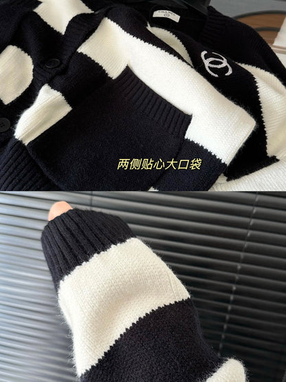 Striped contrasting color sweater jacket cardigan with embroidered logo on the chest XC0823100904