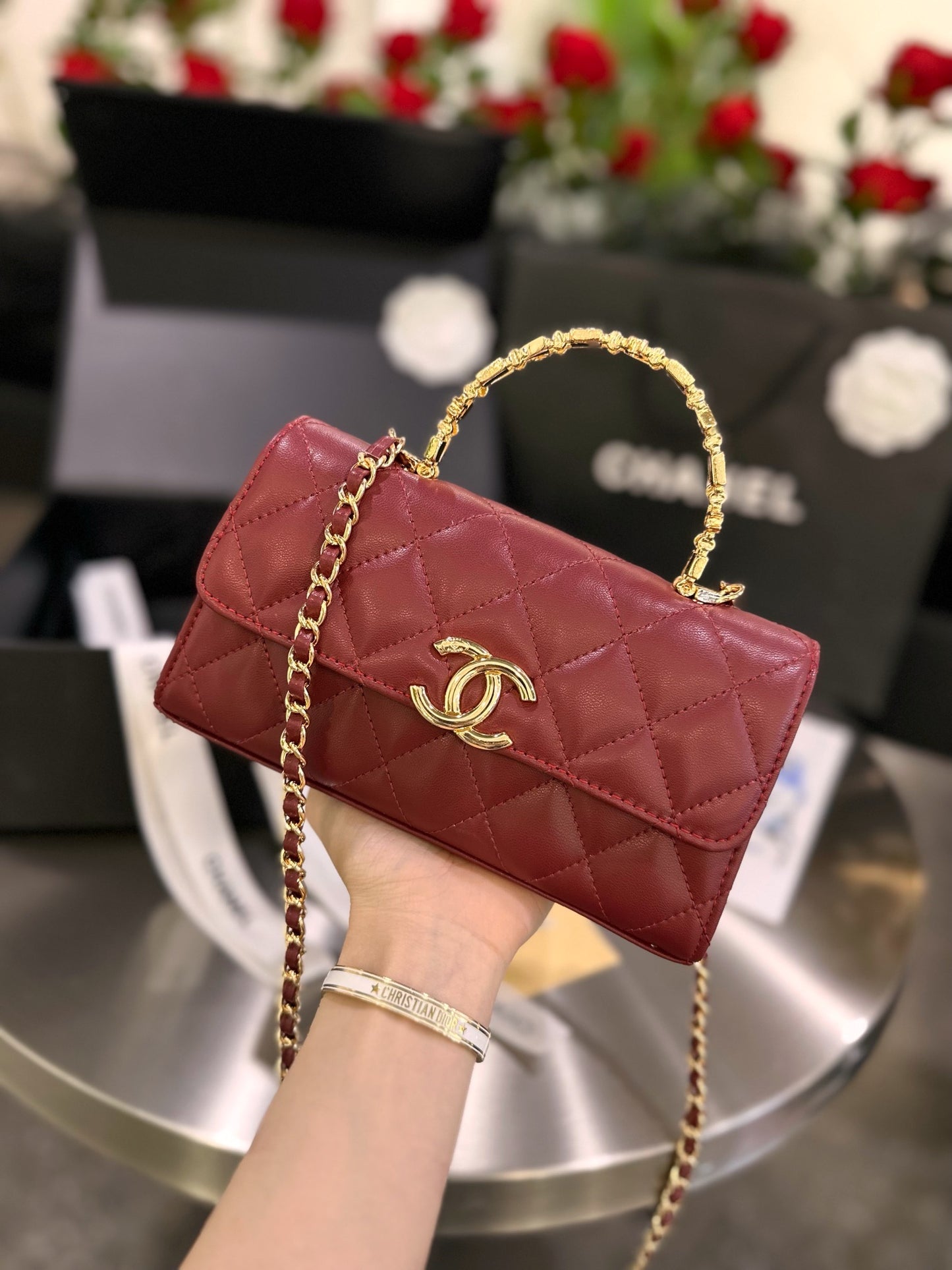 CNL Diamond check wine red chain bag 0724100102