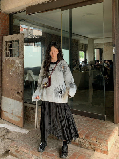 Ripped Gray Sweater Lazy Design Niche Top 0823120403