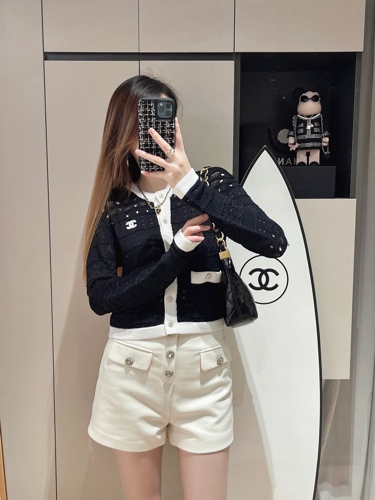 CNL contrast color crew neck knitted long sleeve cardigan 0724080605