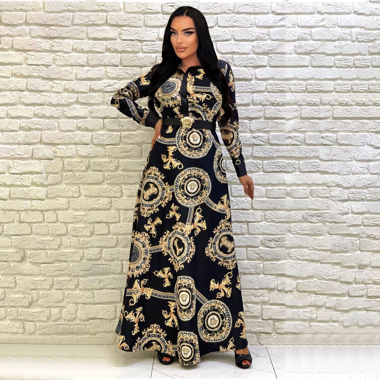 High-quality button-down shirt-style long skirt with stand-up collar and wide hem XC0823110603