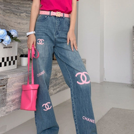 Versatile high waisted straight tube printed jeans PD10052209