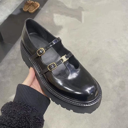 High-Heeled Platform Loafers All-Match Genuine Leather Mary Jane Shoes 1024041509