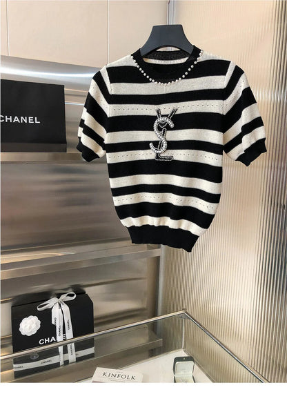 Heavy Beaded Black And White Striped Sweater 1024070322
