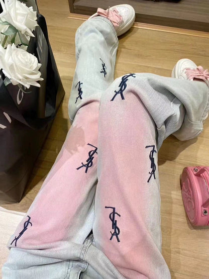 New High Waist Retro Trousers Gradient Pink Straight Jeans 1024031403