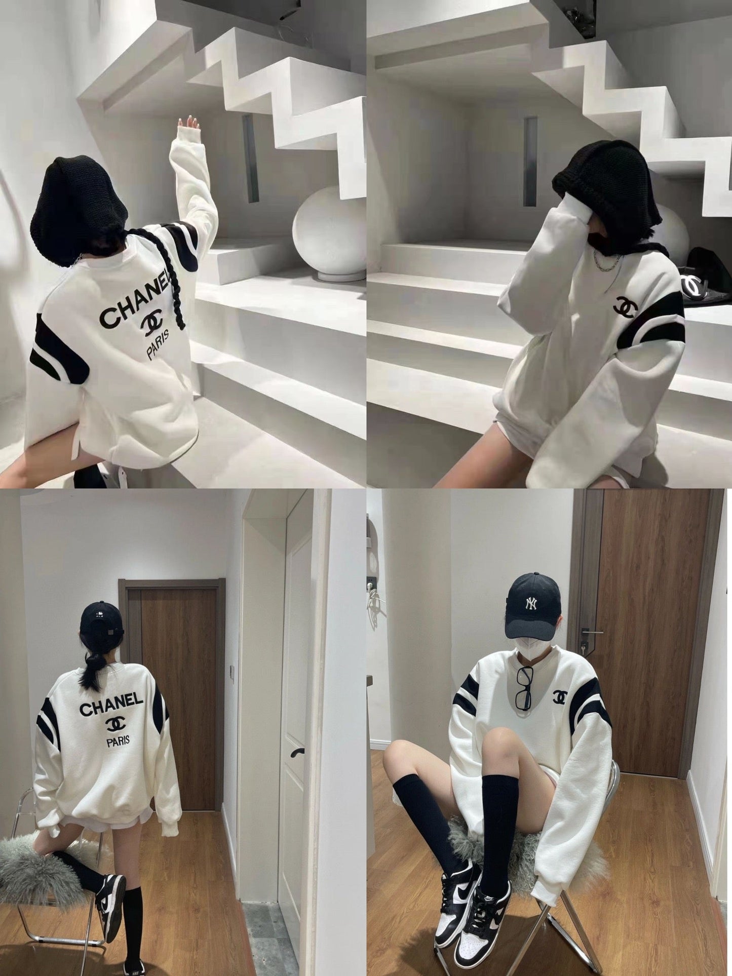 Black and white crew neck sweatshirt with front and back embroidery logo XC0823100906