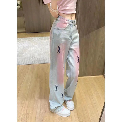 New High Waist Retro Trousers Gradient Pink Straight Jeans 1024031403