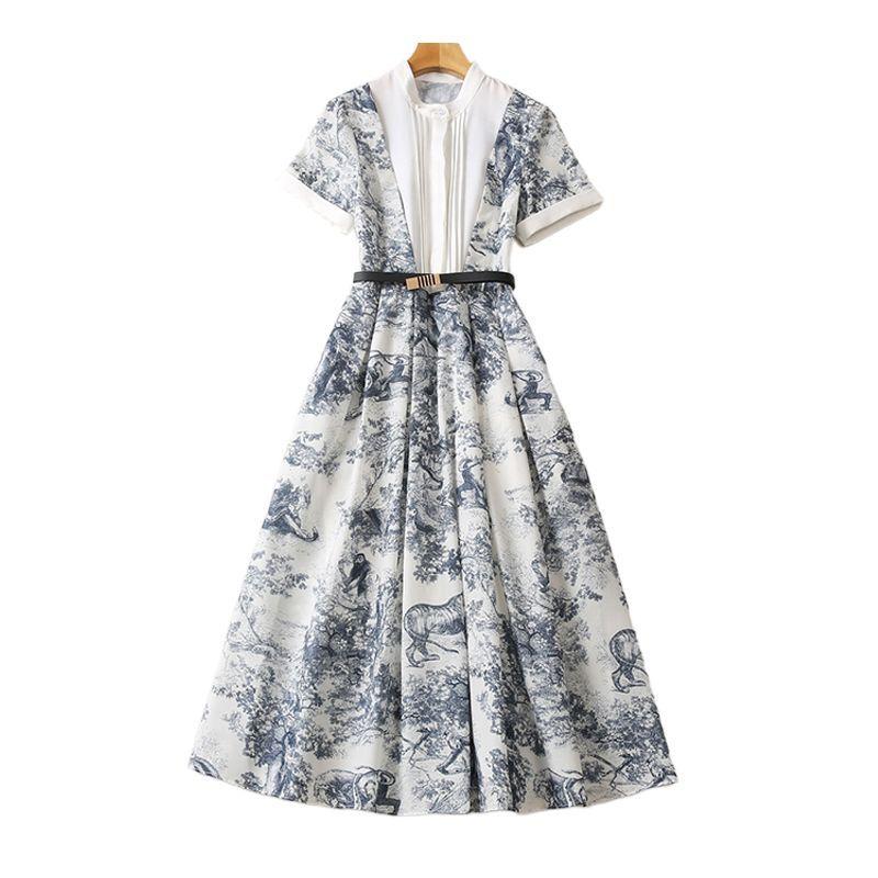 New Standing Collar Printed Large Swing Long Dress 1024030413