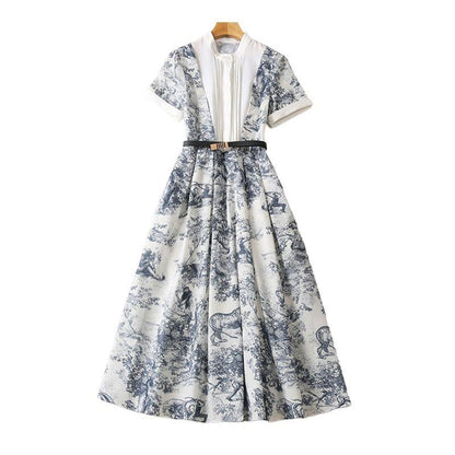 New Standing Collar Printed Large Swing Long Dress 1024030413