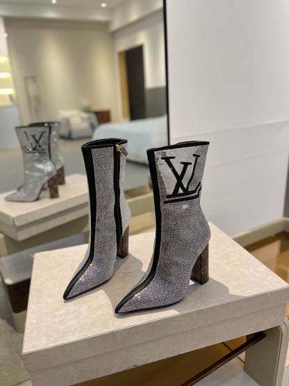 LV fashion rhinestone high-heeled mid-calf boots 0724102305
