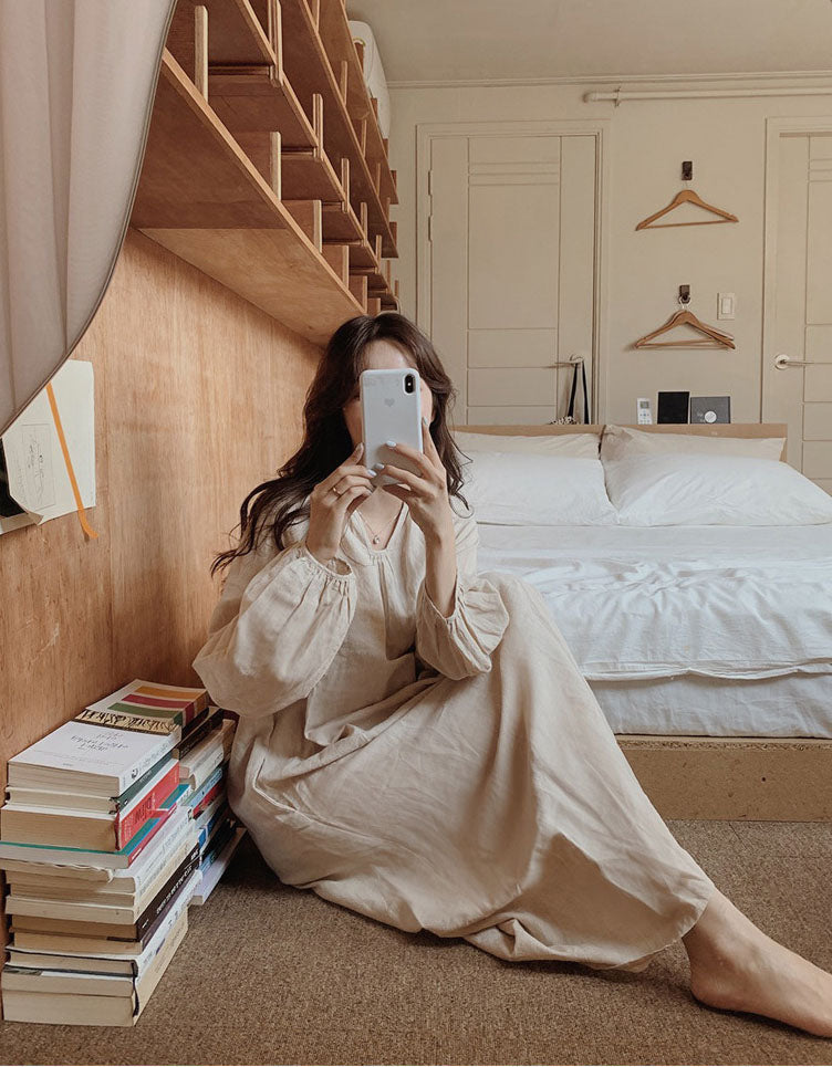 Long sleeves Comfortable Loose Cotton Linen Dress