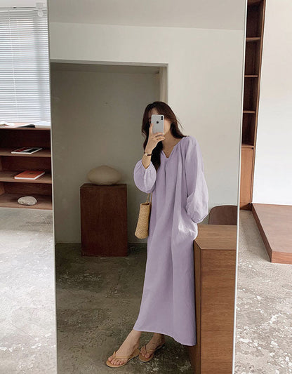 Long sleeves Comfortable Loose Cotton Linen Dress