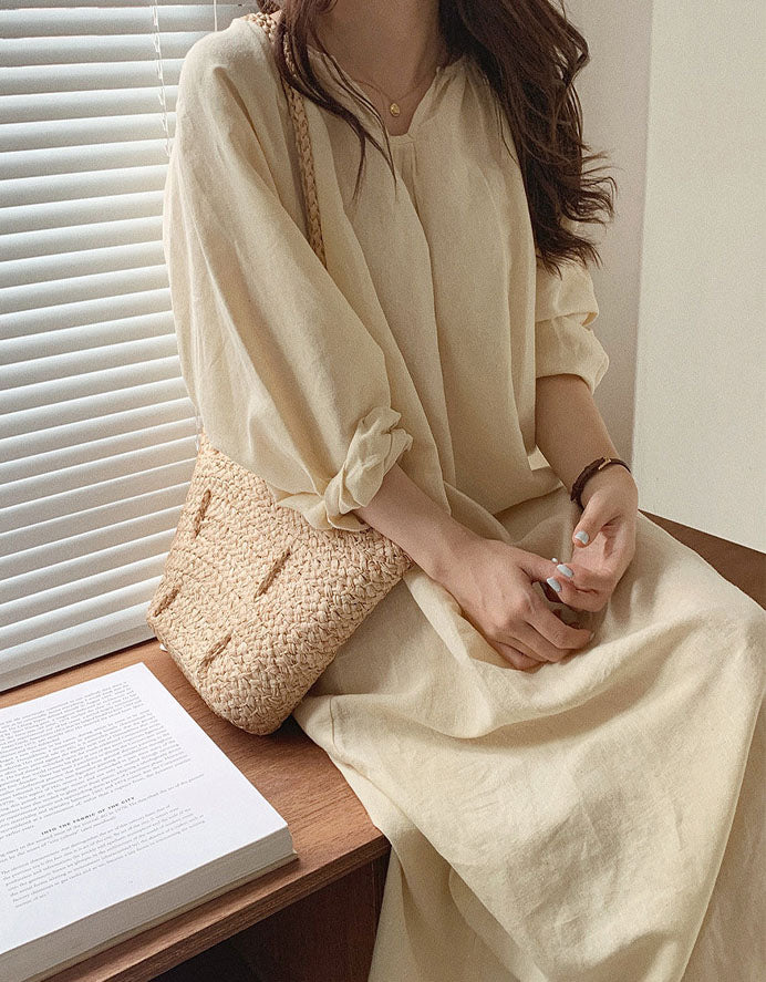 Long sleeves Comfortable Loose Cotton Linen Dress