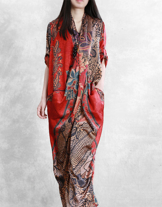 Mid-sleeve Loose Cross-body Vintage Silk Long Dress