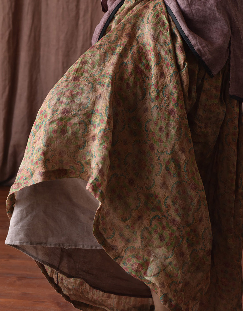Original Design Flower Printed Loose Linen Skirt