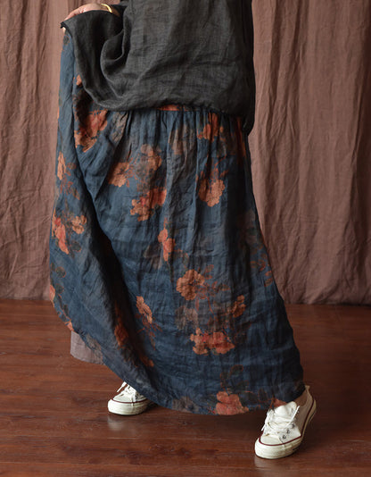 Original Design Flower Printed Loose Linen Skirt