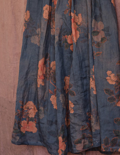 Original Design Flower Printed Loose Linen Skirt
