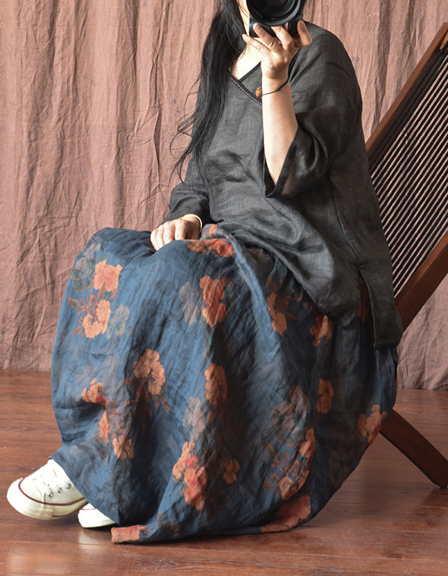 Original Design Flower Printed Loose Linen Skirt