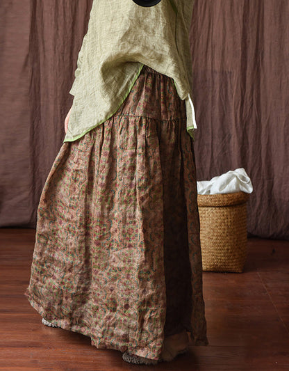 Original Design Flower Printed Loose Linen Skirt