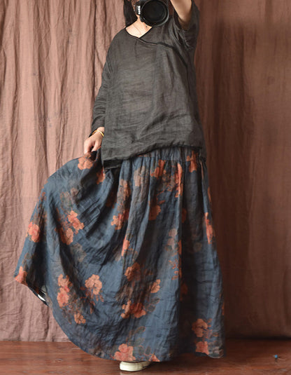 Original Design Flower Printed Loose Linen Skirt