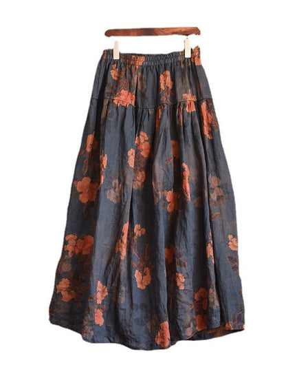 Original Design Flower Printed Loose Linen Skirt