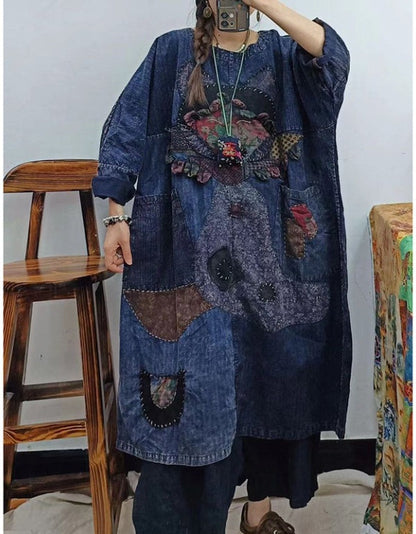 Round Neck Pullover Long Sleeve Cartoon Fox Mid-Length Dress