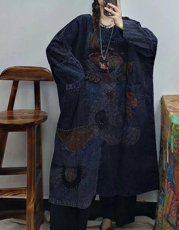 Round Neck Pullover Long Sleeve Cartoon Fox Mid-Length Dress