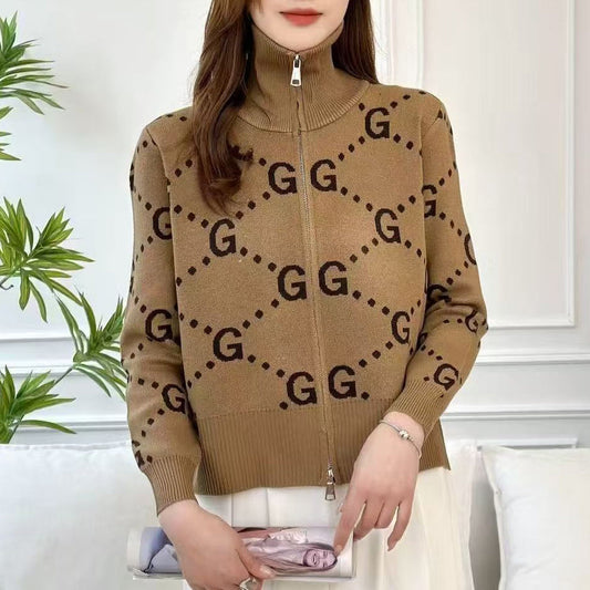 Stand-Up Collar Jacquard Letter G Knit Sweater 1025090302