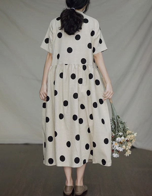 Short-sleeved Polka Dot Loose Linen Dress