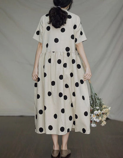Short-sleeved Polka Dot Loose Linen Dress