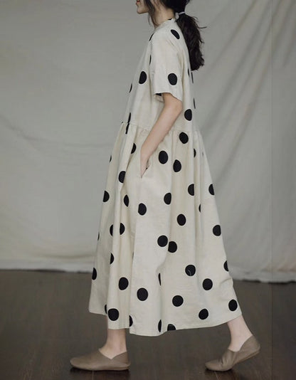 Short-sleeved Polka Dot Loose Linen Dress