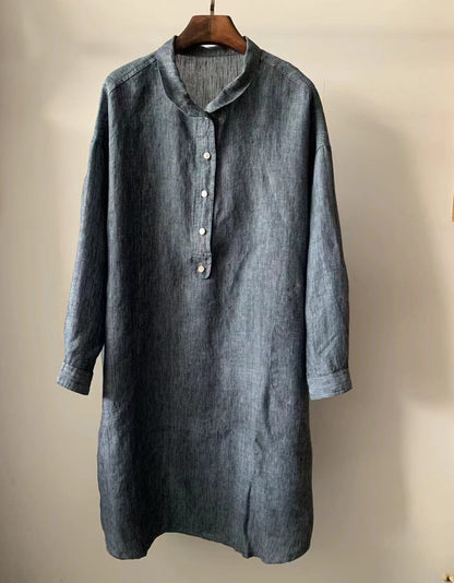 Spring Linen Mid-length Long-sleeved Shirt Dress